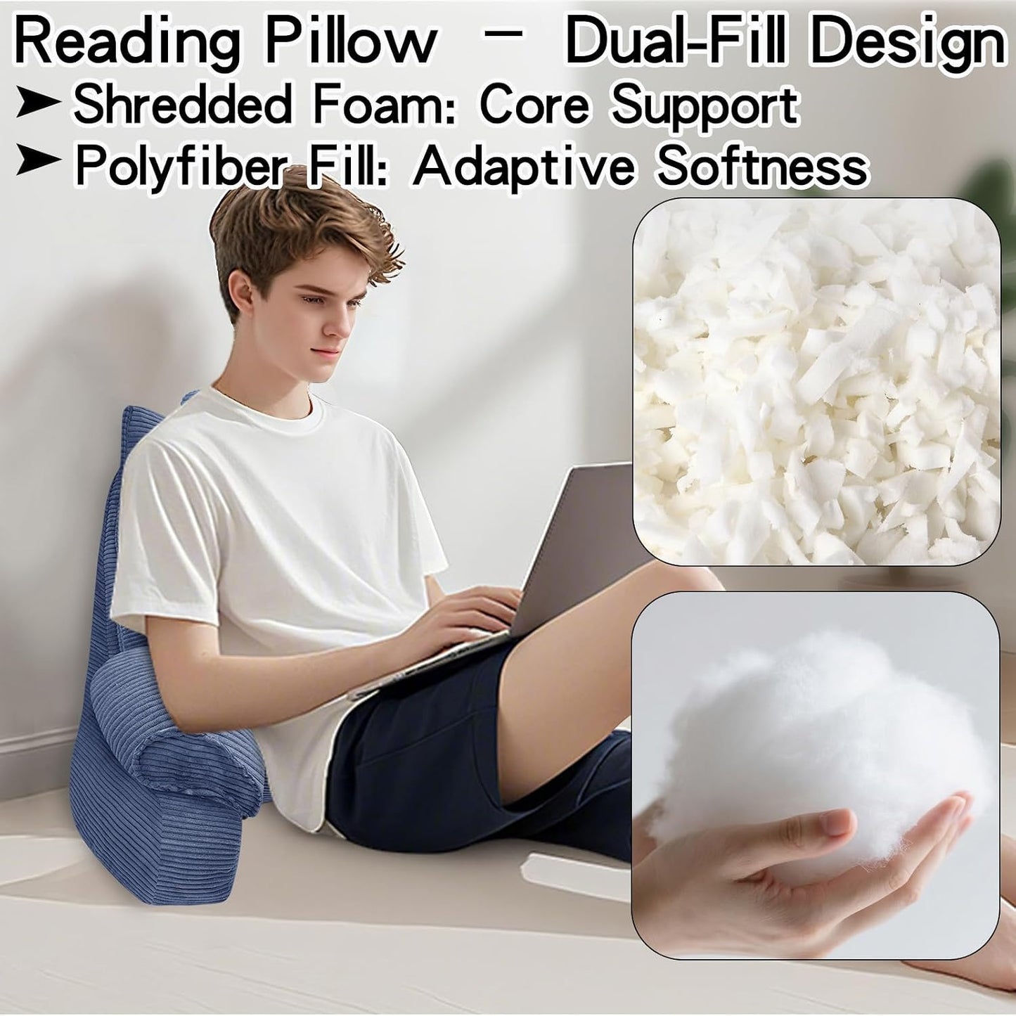 Reading Pillow for Bed with Arms, Back Support, Memory Foam（Grey Black） | Reading Pillow for Bed with High Arm Rests, Back Support Pillow for Sitting Up, Shredded Memory Foam for Reading, TV & Gaming
