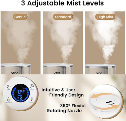 QIDO Top Fill Humidifiers for Bedroom, 5 L Cool Mist 36H Super Long Time, Quiet 28dB Essential Oil Diffuser for Baby & Plants, 3 Adjustable Mist with Touch/APP/7-color Nightlight, Auto Shut-off, White