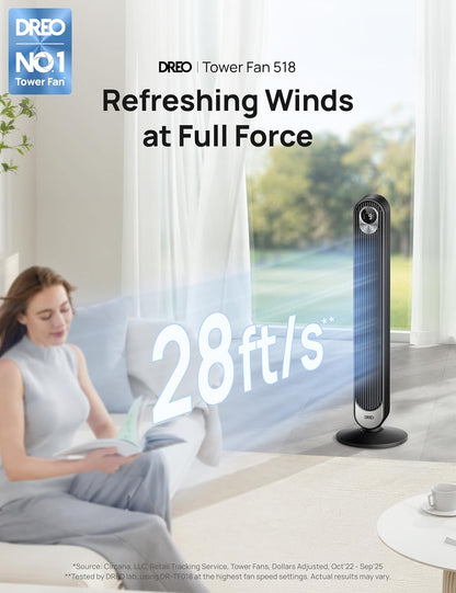 DREO Tower Fan for Bedroom, 28ft/s High Velocity, 9 Speeds, DC Motor