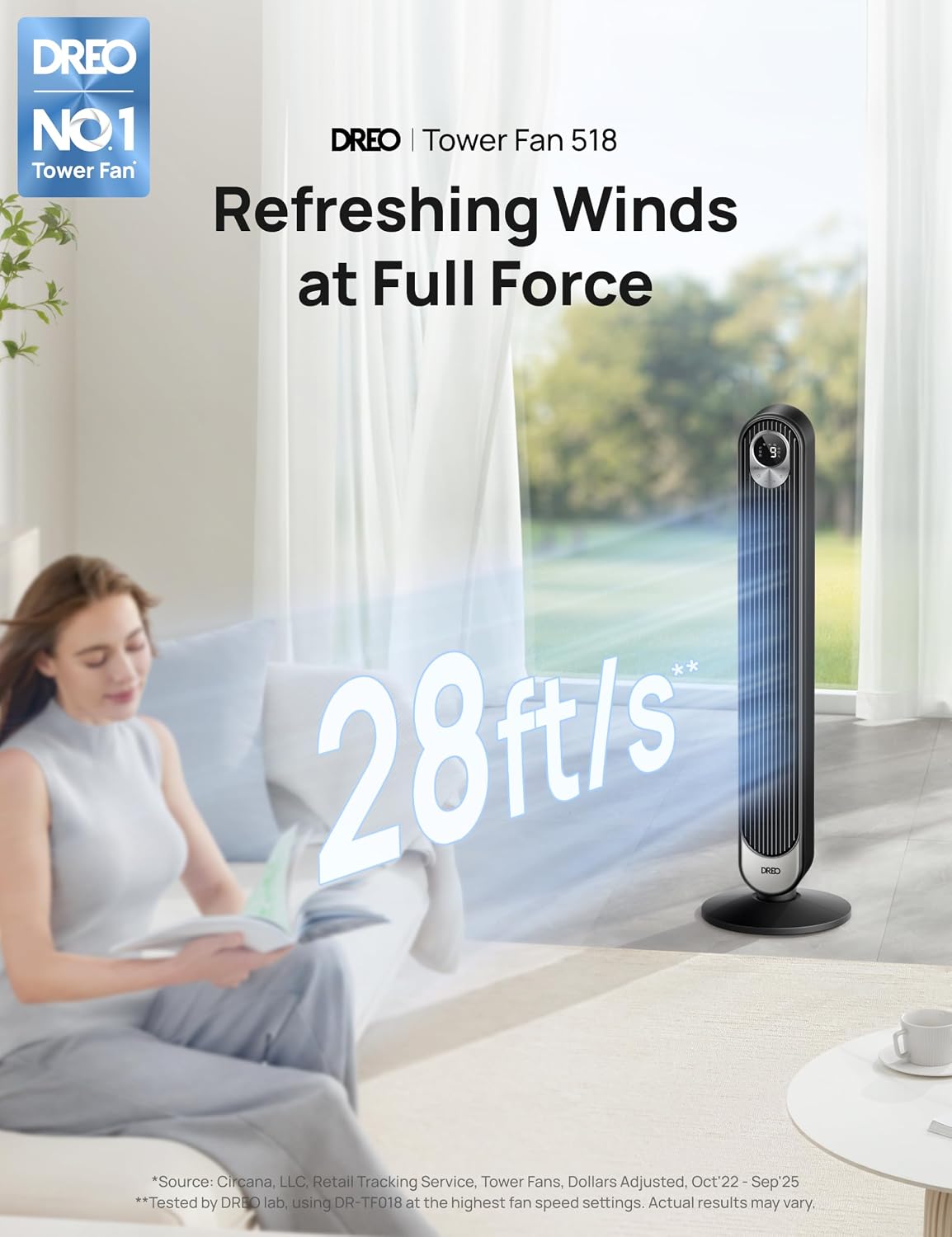 DREO Tower Fan for Bedroom, 26ft/s Velocity, 90° Oscillating, 8H Timer