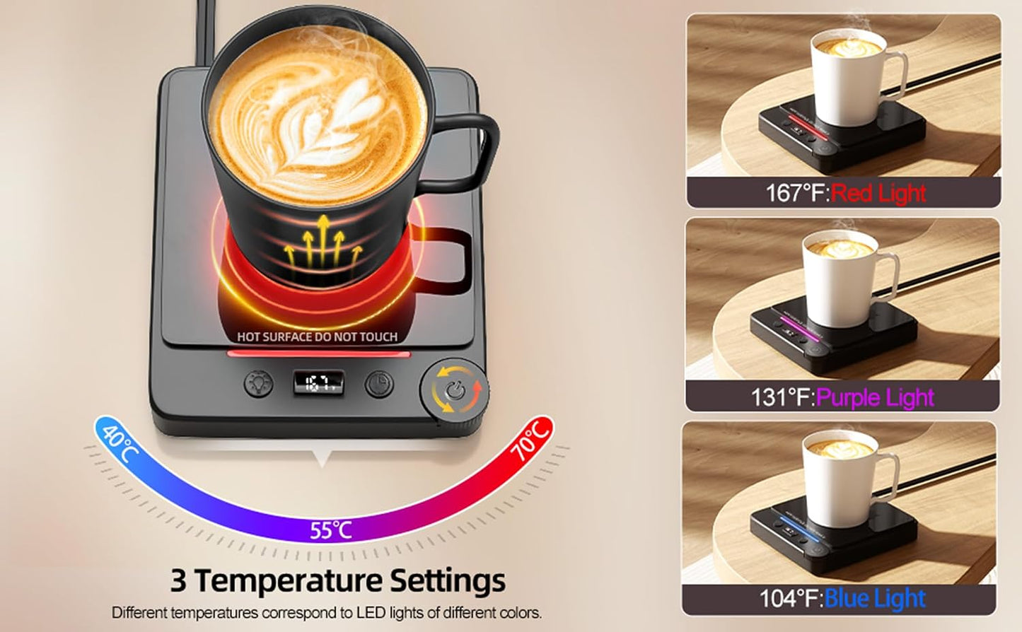 Fast Heating Coffee Mug Warmer,POLEDY Auto Shut Off Cup Warmer, Electric Beverage Warmer for Tea, Milk, Cocoa with 2-12H Timer, 3-Temp Settings Candle Warmer Plate, Black Smart Candle Melter
