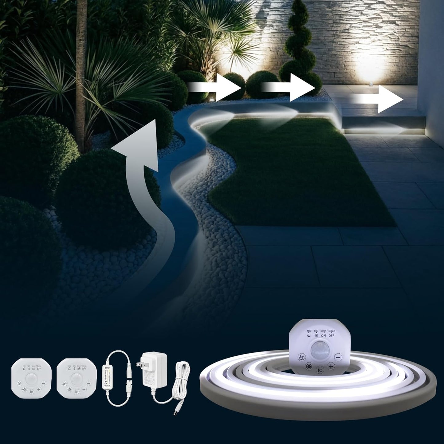 Motion Sensor LED Strip Lights - Chasing Effect Auto ON/Off for Stairs, Bedroom, Under Cabinet - 16.4ft White, Intelligent Motion Sensor Stair Lights