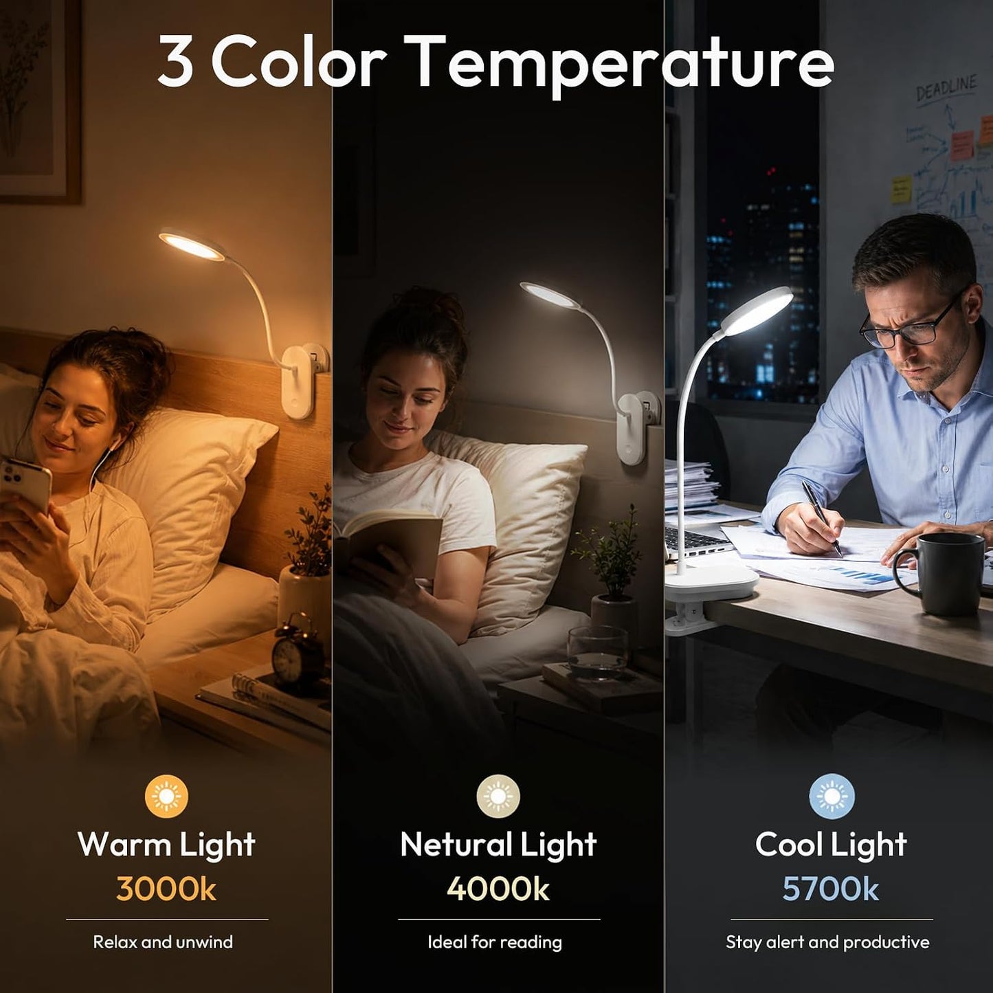 Clip on Light, Stepless Dimmable & 3 Colors Touch Control Clip On Bed Light. 2600mAh Rechargeable Reading Lights for Books in Bed, Headboard and Bedside Table Lamp, Reading Light For Dorm/Home