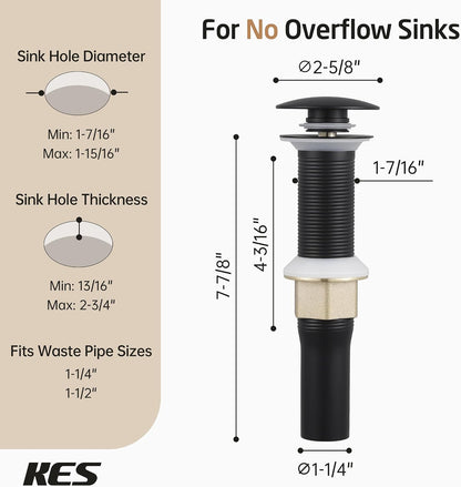 KES All Metal Bathroom Sink Drain with Strainer Basket Hair Catcher Anti Clog Pop Up Drain Stopper for Lavatory Vanity Vessel Sink with Overflow, Rustproof 18/8 Stainless Steel Matte Black S2013A-BK