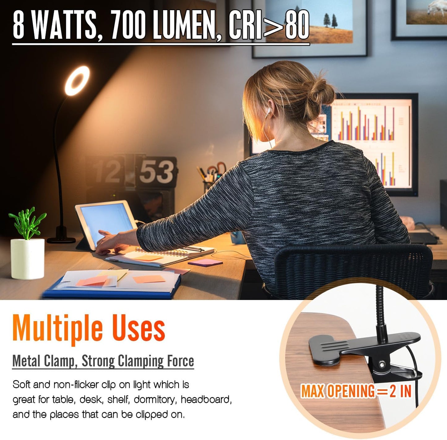 Clamp on Lamp, Desk Lamps, 8W Clip Light, Warm & Daylight & White Light 3 Colors, 10 Dimmable Illumination Modes (2 Pack)