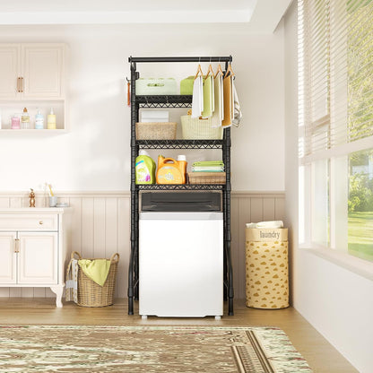 U11 Over Washer and Dryer Shelves, 3 Tiers Laundry Room Storage and Organizer Standing Shelf, Metal Freestanding Clothes Drying Rack, 33.9" W x 19.7" D x 77.6" H, Black