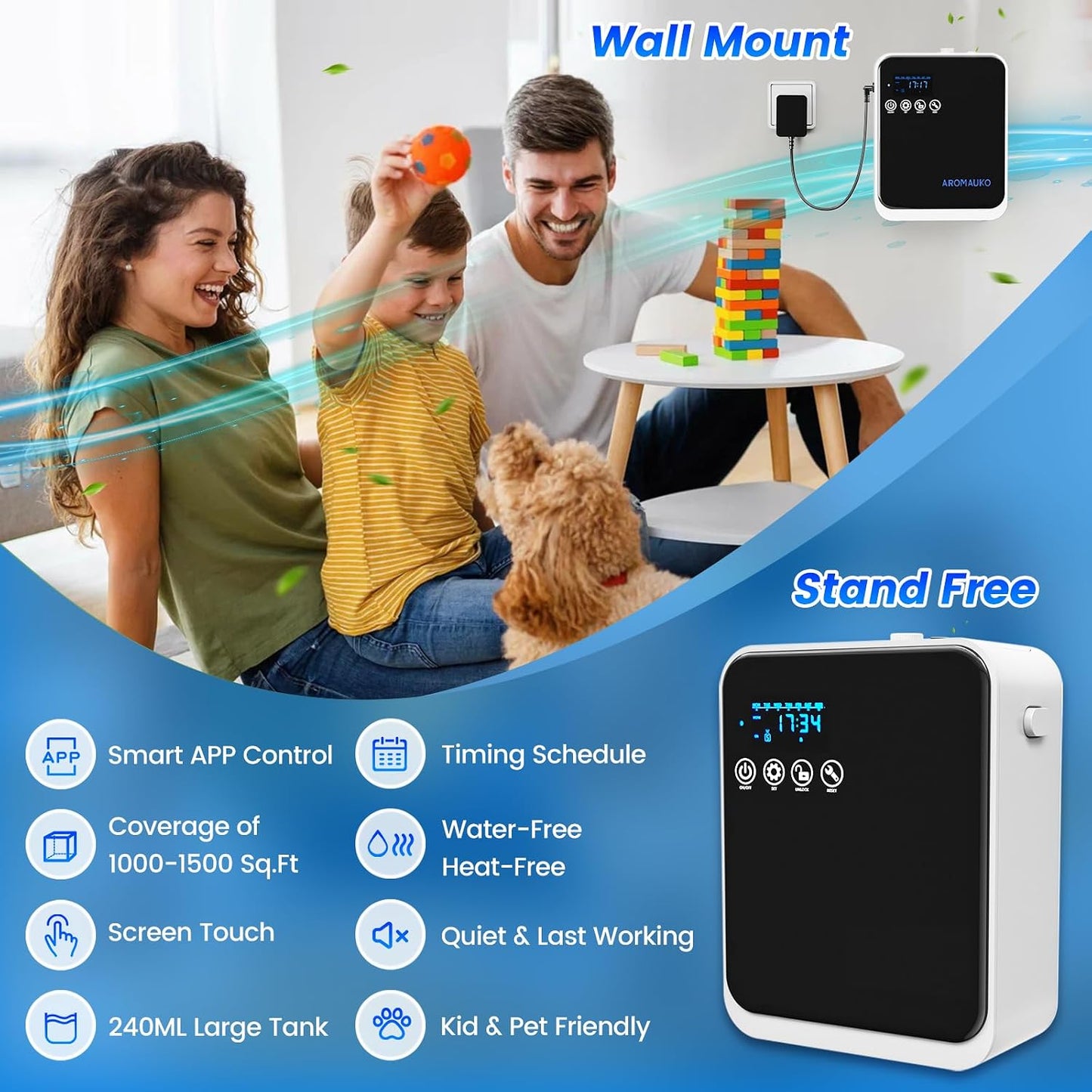 Waterless Essential Oil Diffuser,House Scent Air Diffusers for Home Hotel | with APP Control(Auto Timer) & Touch Screen(Adjust Level) |250ml,1500 sq.ft,Whole House Oil Diffuser.Large Room,Quiet(Black)