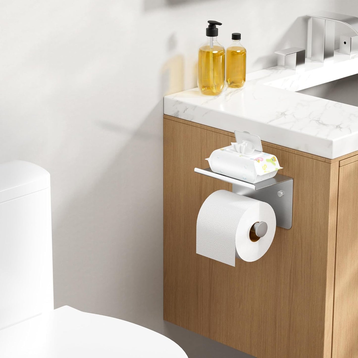 FORIOUS Toilet Paper Holder with Shelf, Adhesive or Screw, Commercial | Brushed Nickel | Wall Mount Bathroom Tissue Holder | SUS304 Stainless Steel Rustproof | Bathroom Tissue Roll Holder