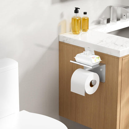 FORIOUS Toilet Paper Holder with Shelf, Adhesive or Screw, Commercial | Brushed Nickel | Wall Mount Bathroom Tissue Holder | SUS304 Stainless Steel Rustproof | Bathroom Tissue Roll Holder