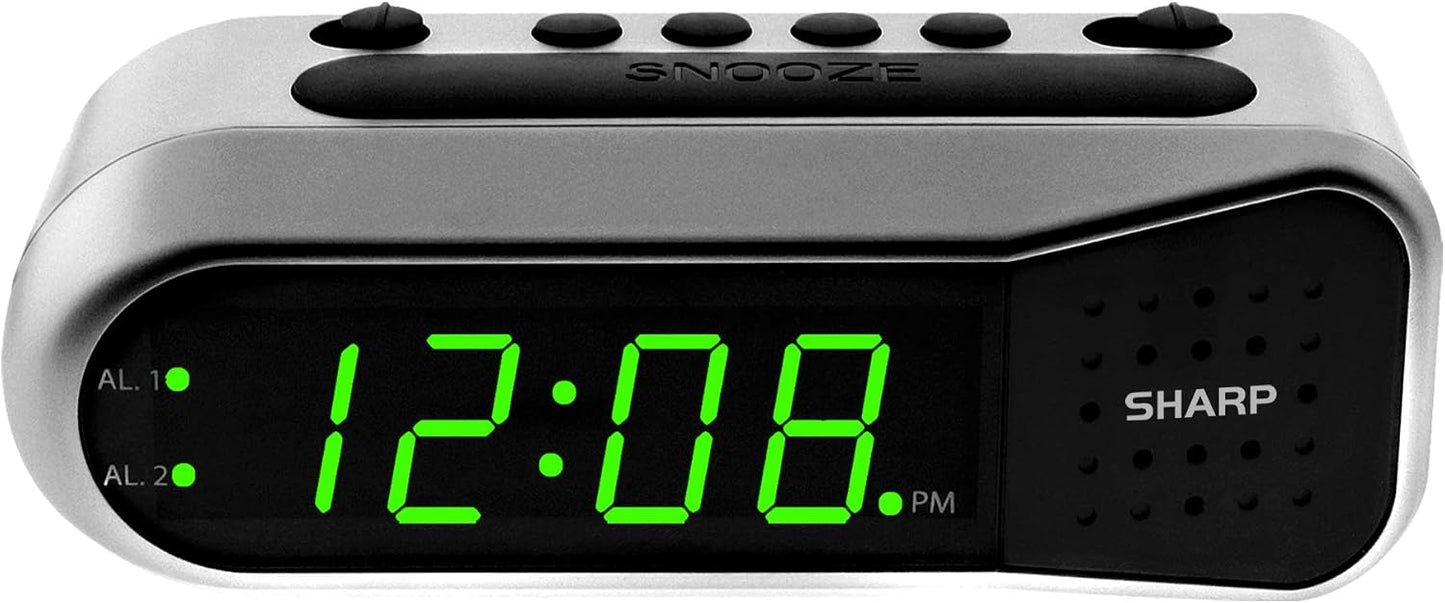 Sharp Digital Alarm Clock for Heavy Sleepers, Dual Alarm, Red LED, Black | Ascending wake sound, weekday/weekend scheduling, 9-minute snooze, easy-set controls, 2 AA backup, bedroom, dorm, office