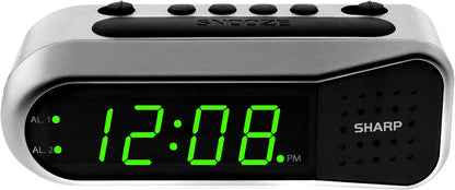 Sharp Digital Alarm Clock for Heavy Sleepers, Dual Alarm, Red LED, Black | Ascending wake sound, weekday/weekend scheduling, 9-minute snooze, easy-set controls, 2 AA backup, bedroom, dorm, office
