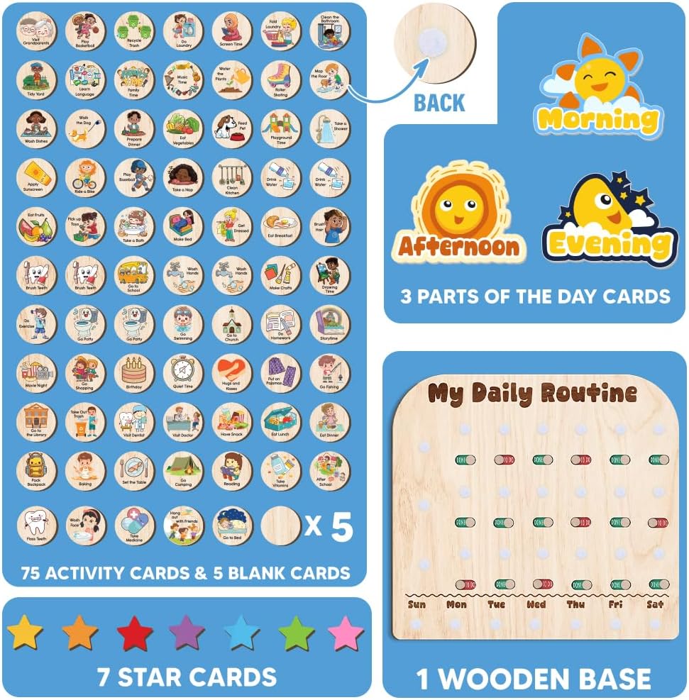 Wooden Daily Routine with Stars, Chore Chart for Kids, Visual Schedule for Kids, Morning Evening Routine Chart, Preschool Routine Chart, Routine Chart for Kids