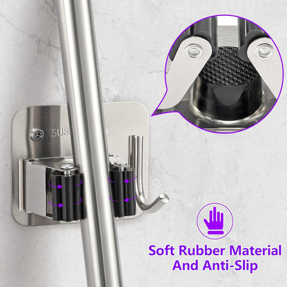 Stainless Steel Broom Holder, Heavy Duty, Rust Resistant, 4 Gripper Positions with 4 Hooks, Black | Drill-Mounted Gripper Rack Holds Brooms, Mops and Garden Tools Safely in the Laundry Room, Kitchen, Garage, Garden and Shed