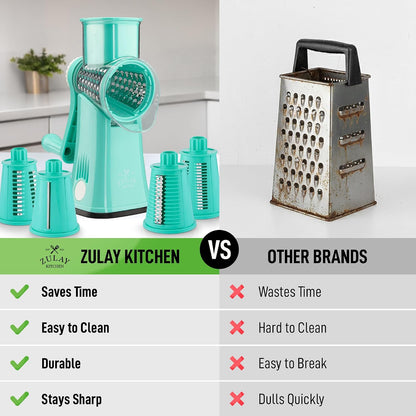 Zulay Kitchen Rotary Cheese Grater 5 Blade Cheese Shredder - Manual Hand Crank Cheese Grater With Reinforced Suction & 5 Interchangeable Drums - Easy to Use, Vegetable Chopper Round Mandoline Slicer - Colors B