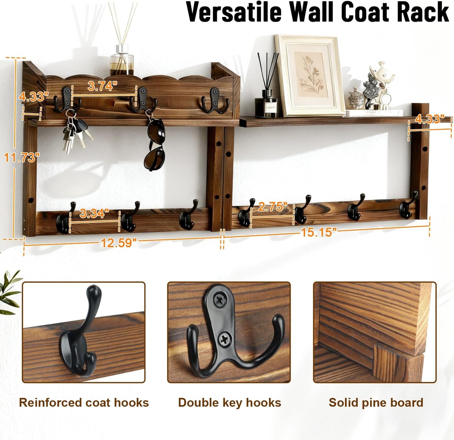 28" Coat Rack Wall Mount with Shelf with 7 Hooks 3 Key Hanger | Entryway Key Holder Wall Mount Wood Wall Coat Hooks, Wall Mounted Coat Rack Mail Holder for Living Room, Bedroom