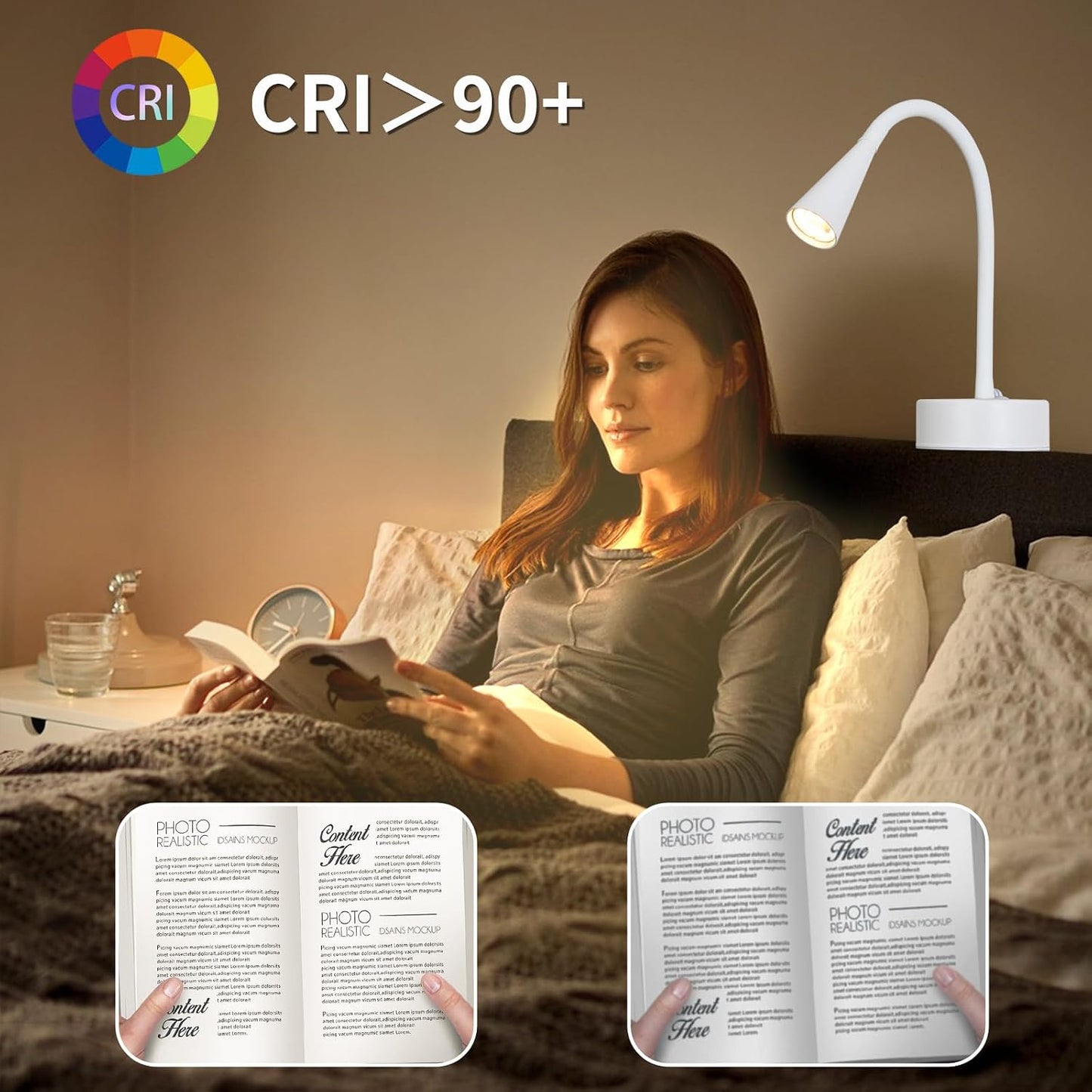 Black Headboard Reading Light, No Drilling Wall Mounted Reading Lights for Bedside, Book Light for Bedtime Reading, Buttonless Dimmable Reading Lamp, Movable Gooseneck Reading Sconces for Bedroom