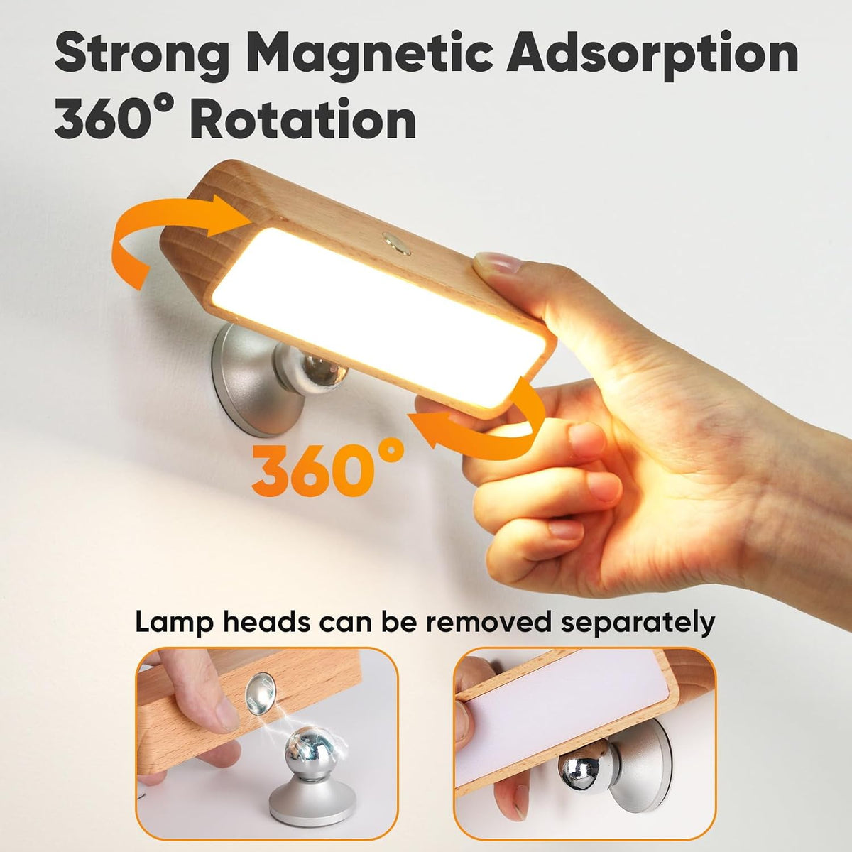 Battery Operated Wall Sconces Set of Two, Rechargeable Wall Lights Battery Operated, Wood Stick On Wall Mounted lamp Bedside Reading for Bedroom, Stepless Dimmable Wall Lamps for Living Room
