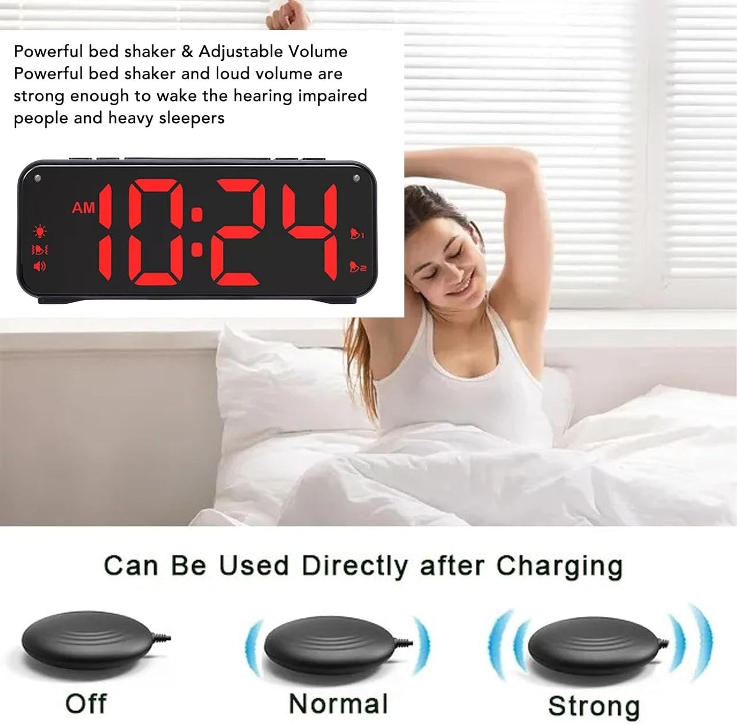 Extra Loud Bed Shaker Alarm Clock - Dual Alarm & Large LED Display