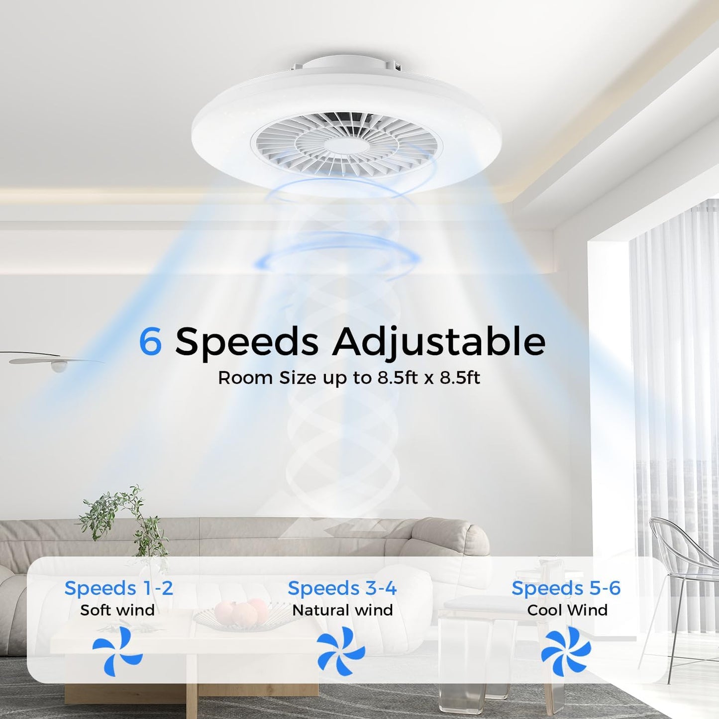 18.9" RGB Flush Mount Ceiling Fan with Light, 6 Speeds 3 Colors | Indoor Ceiling Fan · RGB+3CCT Dimmable · App/Remote Control · Quiet DC · 6-Speed Reversible · Flush Mount 18.9" · Kids Room