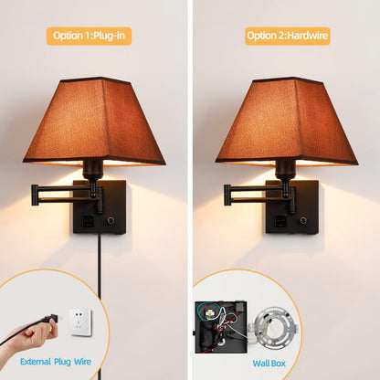 Wall Mounted Lamp Plug in Wall Sconce with Dimmable Switch Swing Arm Wall Lamp Whire Fabric Shade with USB Port Gold Wall Sconce Suitable for Hallway Bedroom Living Room…