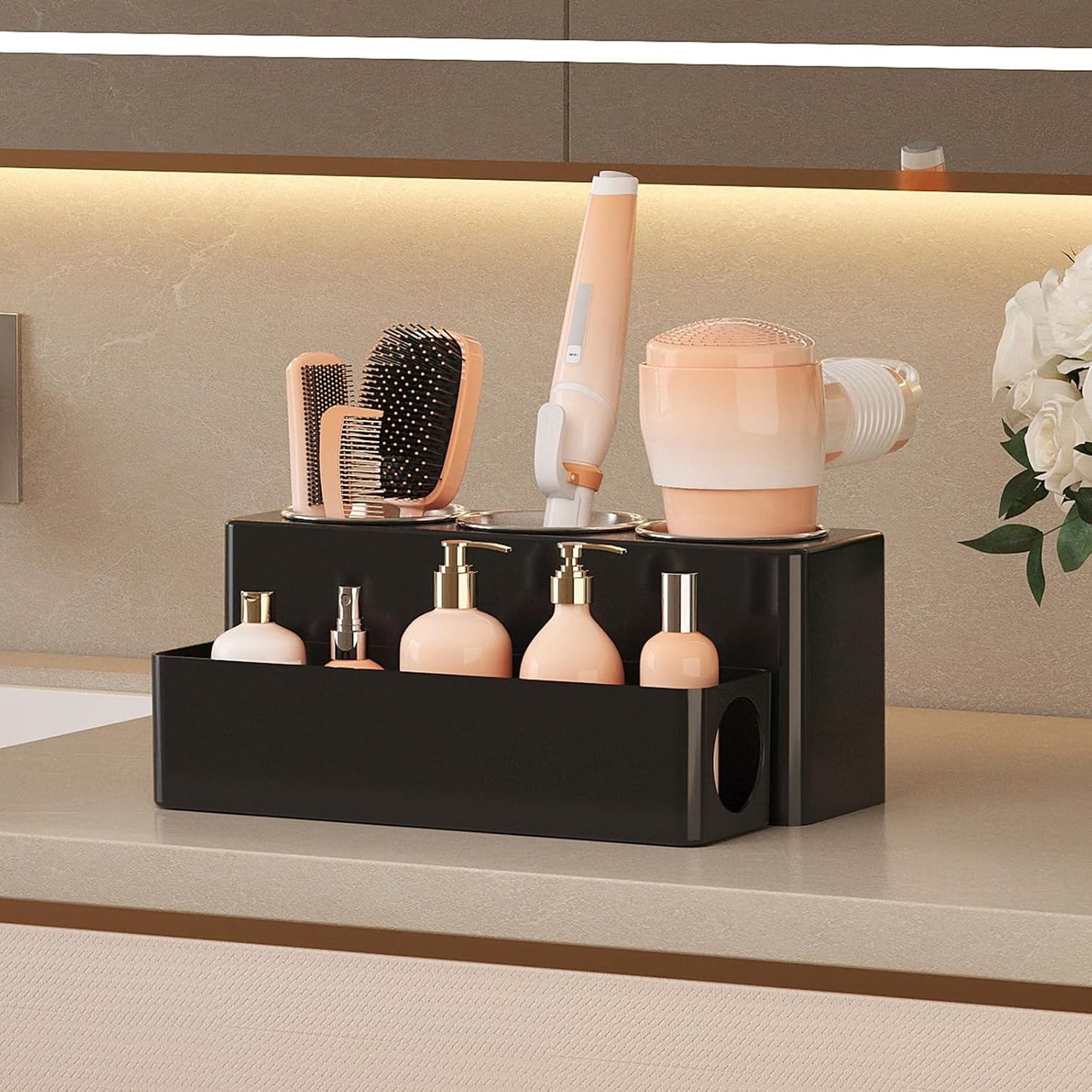 Lifewit Hair Tool Organizer Dryer Holder Countertop with 4 Cups, Black | 4 Stainless cups Tools Organizer, Acrylic body Hair Product Storage for Curling Iron, Brush, Straightener, Bathroom