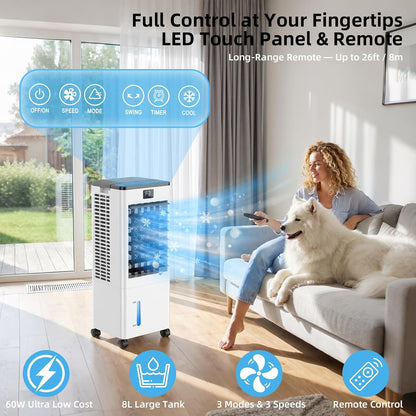 Portable Air Conditioners, Evaporative Air Cooler with Remote & LED Display, 120° Oscillation, 12H Timer, 3 Speeds & 4 Modes, 60W Energy-Efficient, Windowless Swamp Cooler for Bedroom Office Garage