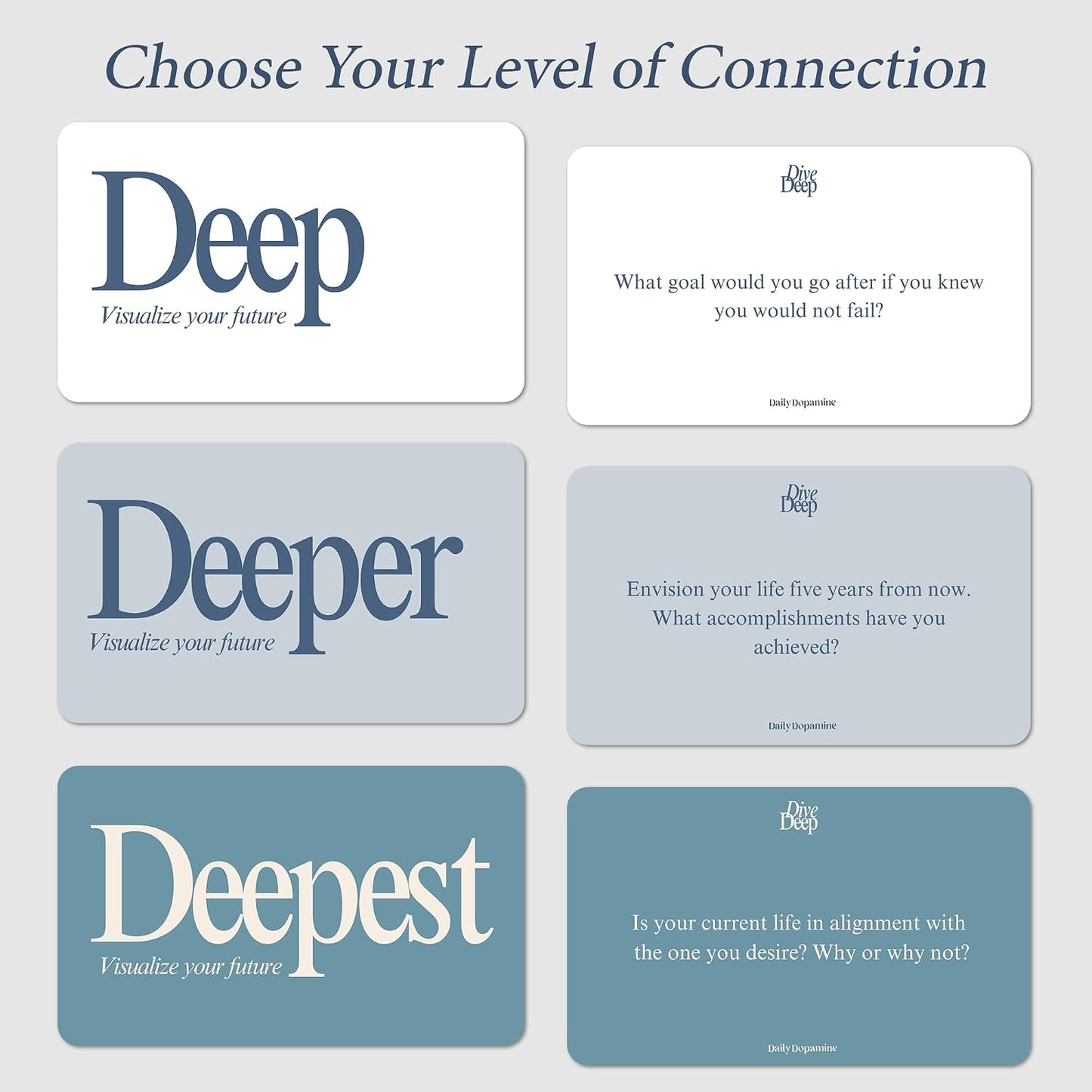 Daily Dopamine Dive Deep Conversation Cards: 105 Questions, 3 Levels for Self-Reflection, Connection & Visualization - Deep Conversations Card Game for Adults, Teens, Couples, Friends & Coworkers