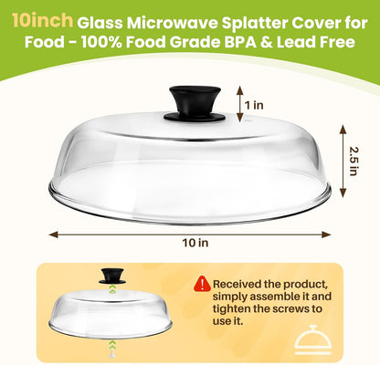 10in Glass Microwave Cover For Food, Glass Microwave Splatter Cover | Heat Resistant Tempered Glass Splatter Guard, Vented Universal Microwave Plate Cover, Dishwasher Safe