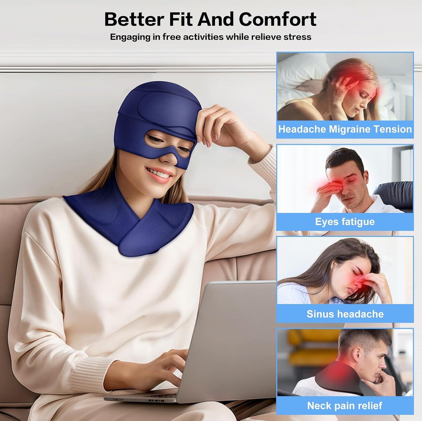 3 in 1 Migraine Relief Cap Neck Ice Pack Wrap Gel and Ice Eye Masks, Detachable Ice Caps with Eyes Masks, Hot and Cold Therapy for Relief of Headaches, Stiff Neck and Eye Fatigue (Purple)