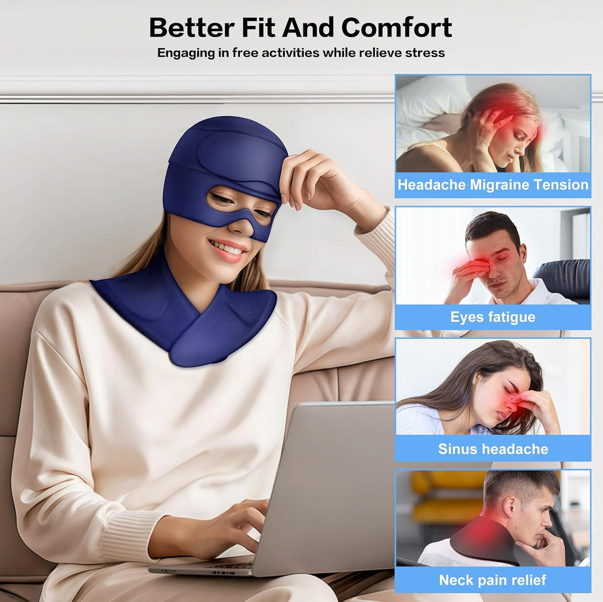 3 in 1 Migraine Relief Cap Neck Ice Pack Wrap Gel and Ice Eye Masks, Detachable Ice Caps with Eyes Masks, Hot and Cold Therapy for Relief of Headaches, Stiff Neck and Eye Fatigue (Purple)