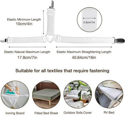 JELLYMONI Bed Sheet Straps, Adjustable Elastic Fasteners with Metal Clips, Fitted Bed Sheet Holders for Bed, Mattress Cover, Fitted Bed Sheets, Sofa Cushion