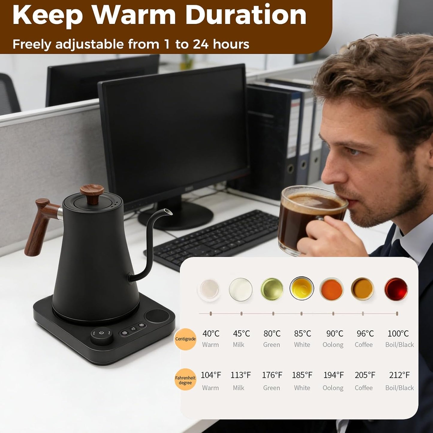 Gooseneck Electric Tea Kettle with Pour Over Pot with LED & Precise 1°F Temp Control,Keep Warm, Hot Water Kettle for Home/Office 304 Stainless Steel (White)