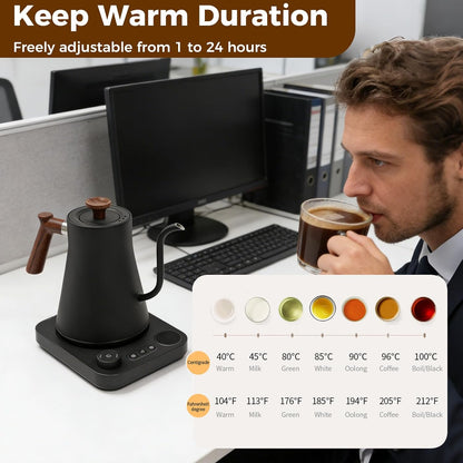 Gooseneck Electric Tea Kettle with Pour Over Pot with LED & Precise 1°F Temp Control,Keep Warm, Hot Water Kettle for Home/Office 304 Stainless Steel (White)