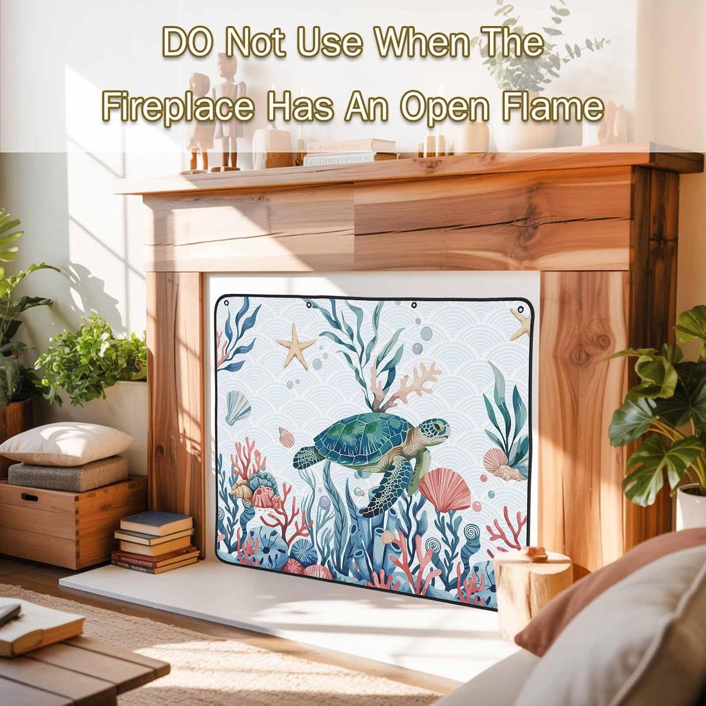Magnetic Fireplace Cover Turtle Coral Starfish Fireplace Screen Decorative Shell Ocean Marine Life Insulation Fireplace Blocker Save Energy Fireplace Draft Stopper Covers for Living Room 39x32 Inch