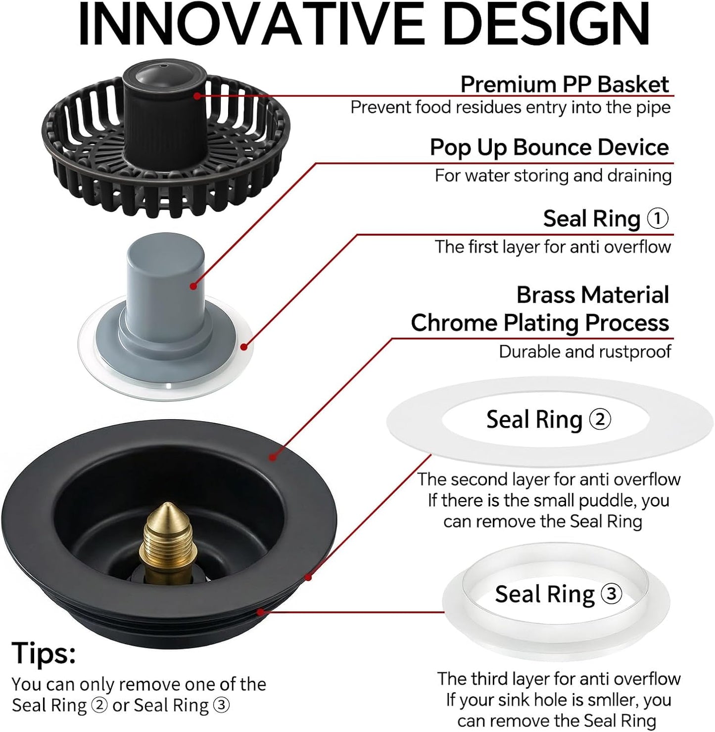Solid Brass Body 3-in-1 Kitchen Sink Drain Strainer & Stopper, Heavy Duty Pop Up Plug Assembly with 2 Baskets, Anti-Clog Replacement for US Standard 3-1/2 Inch Drains, Rust-Proof Silver