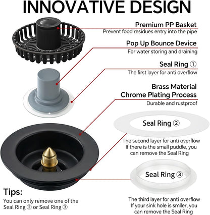 Solid Brass Body 3-in-1 Kitchen Sink Drain Strainer & Stopper, Heavy Duty Pop Up Plug Assembly with 2 Baskets, Anti-Clog Replacement for US Standard 3-1/2 Inch Drains, Rust-Proof Silver