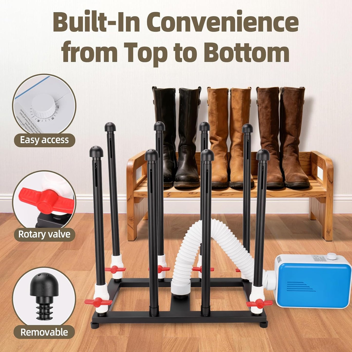 Boot Dryer with Deodorizer, Fast Drying Glove,Helmets & Shoe Dryer | Gradual Drying for 4 Pairs of Boots,Shoe Warmer with Heat Blower, Intelligent Timer, Silent Operation, Easy to Install