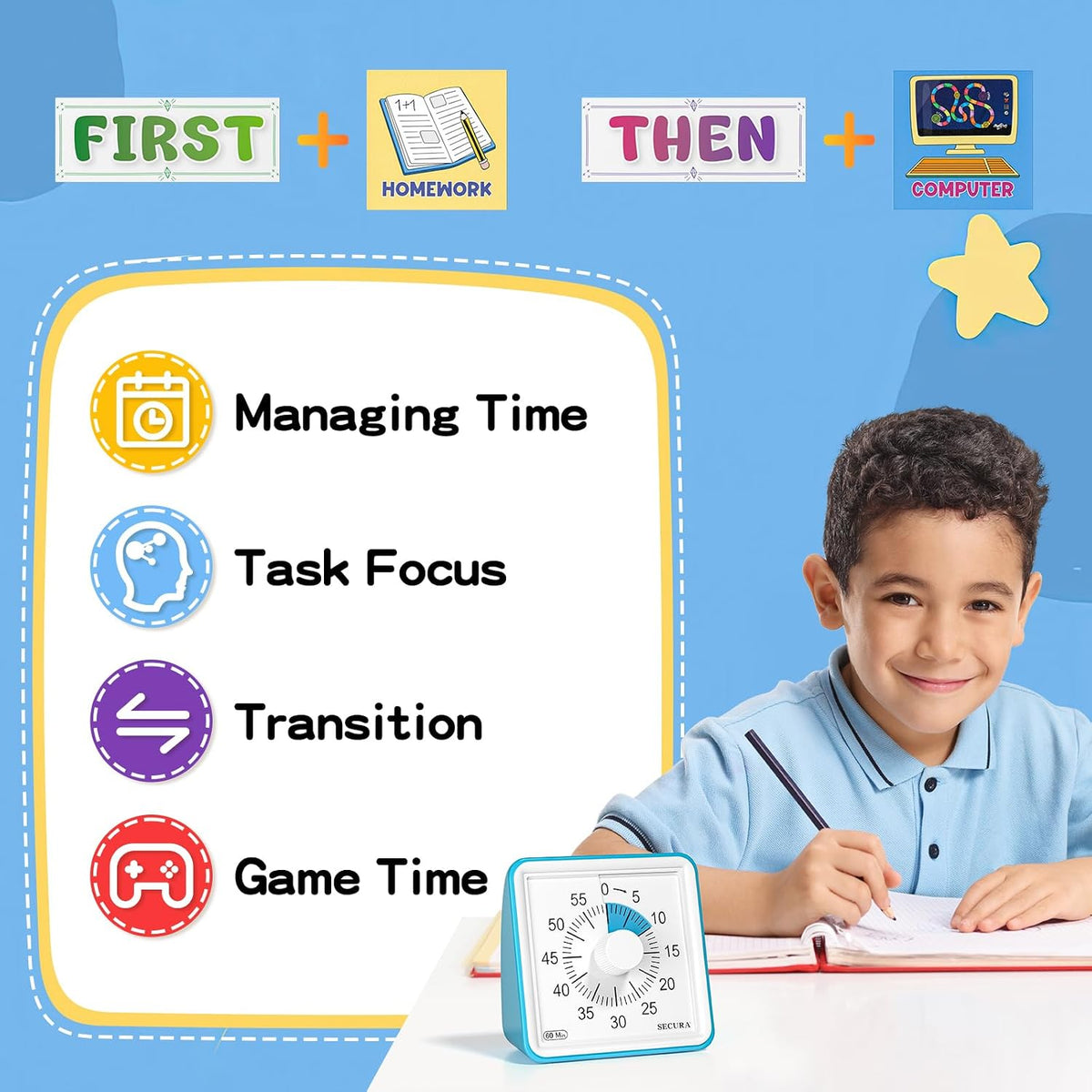Secura 60-Minute Visual Timer, with Schedule Tasks for Kids ADHD & Autism