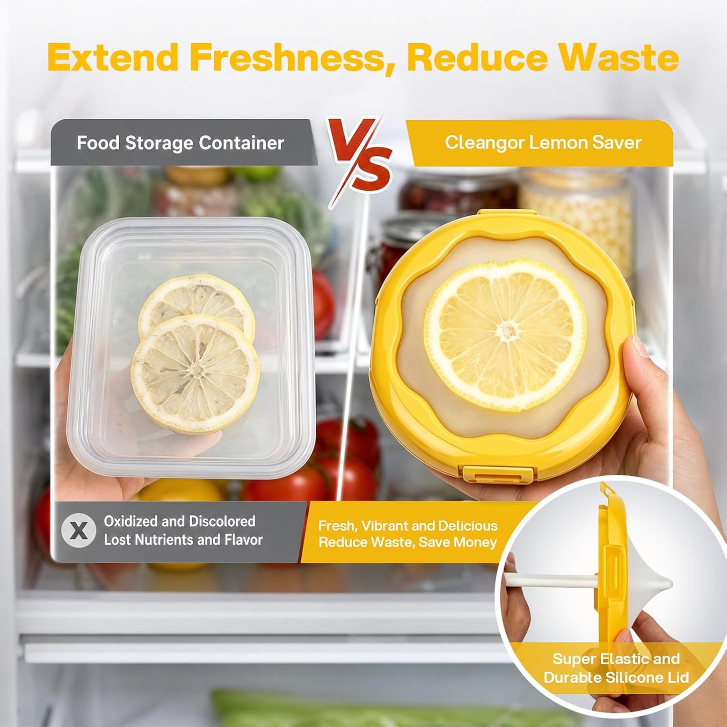CLEANGOR Avocado Saver and Onion Saver, 4Pcs Fruit and Vegetable Savers | Silicone Food Saver with Snap-On Lid, Ideal for Avocados, Onions, Lemons, Orange and Tomatoes, Reusable, Dishwasher Safe