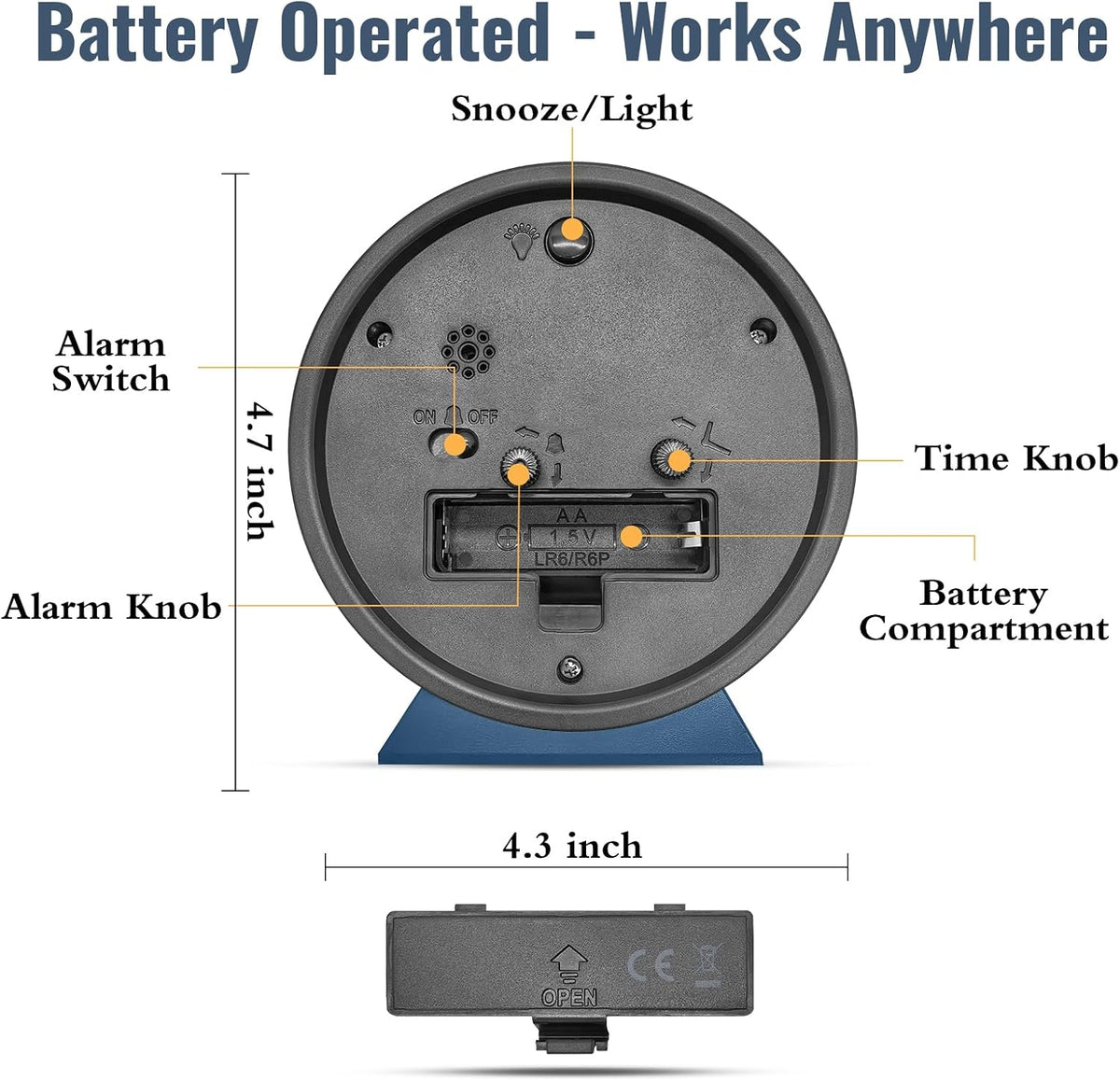 4.5 Inch Small Desk Clock Battery Analog Alarm Clock for Bedroom, Black
