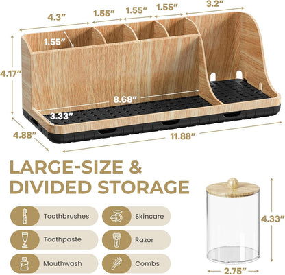 Bathrooms Toothbrush Holder Set with 3 PCS Qtip Holder (Wood Grain) | Easy to clean, Drainage, Detachable, Non-Slip, Kids Electric Toothbrush and Toothpaste Holder for Bathroom Counter Organizer
