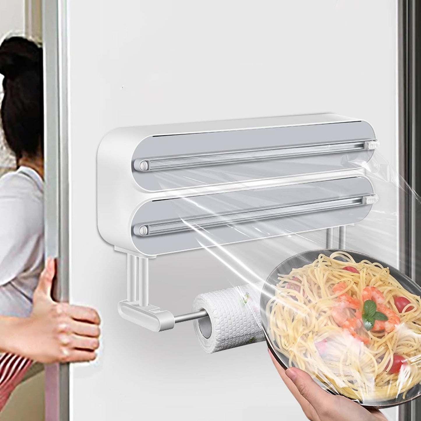 AUSTUFF 3 in 1 Plastic Wrap Dispenser with Cutter Magnetic Aluminum Foil | Wall Mount Kitchen Wrap Organizer, Cling Wrap Dispenser with Paper Towel Holder and Cutter