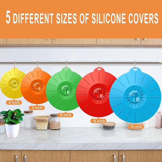 Silicone Lids Microwave Splatter Cover, 5 Sizes Reusable Heat Resistant Suction Lids for Bowls Plates Pots Pans Oven Fridge, BPA Free, Ideal Mother's Gift