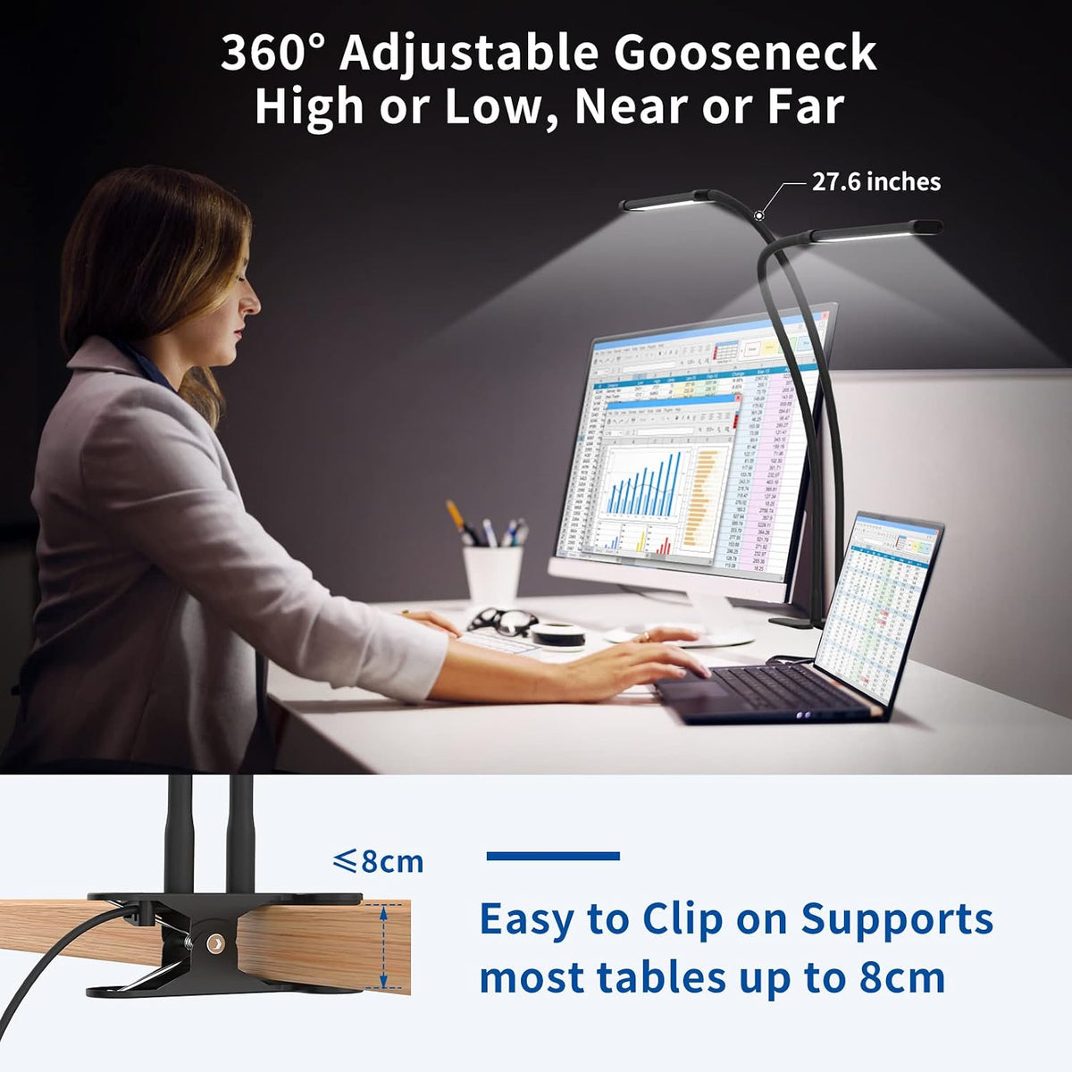iZELL LED Desk Lamp for Home Office with Clamp [77 LEDs Light 3 Color Modes & 10 Brightness Levels] Flexible Gooseneck Book Lights, Easy Clip on Reading Headboard