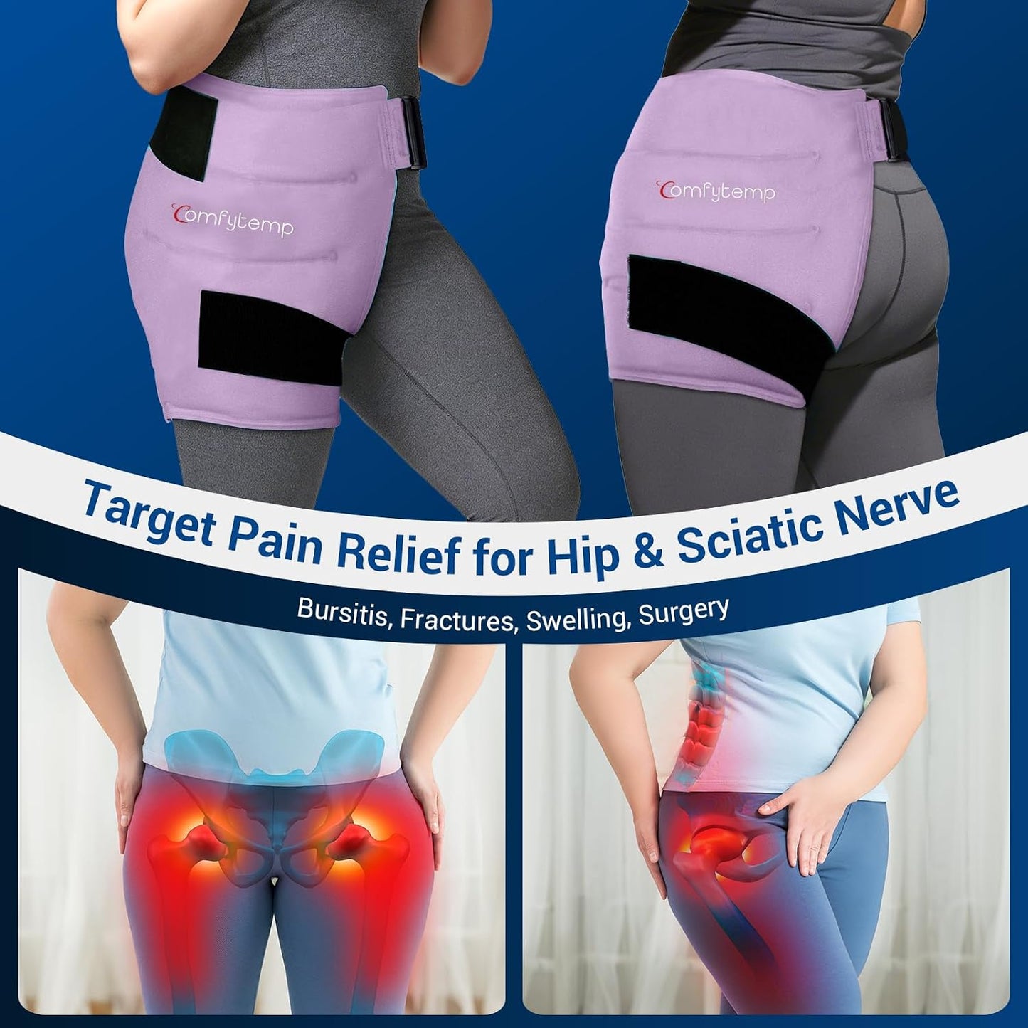 Comfytemp Hip Ice Pack Wrap for Sciatica Pain Relief, Hip Replacement Kit After Surgery, Reusable Gel Ice Pack for Injuries, Hot Cold Compress Recovery Items, Fathers Day Dad Gifts for Men, Blue (S/M)
