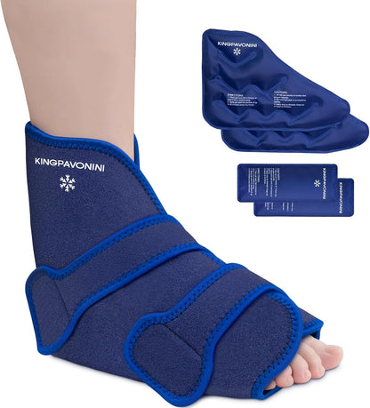 KingPavonini Ankle Foot Ice Pack Wrap, XL, Blue, 1 Wrap + 4 Gel Packs