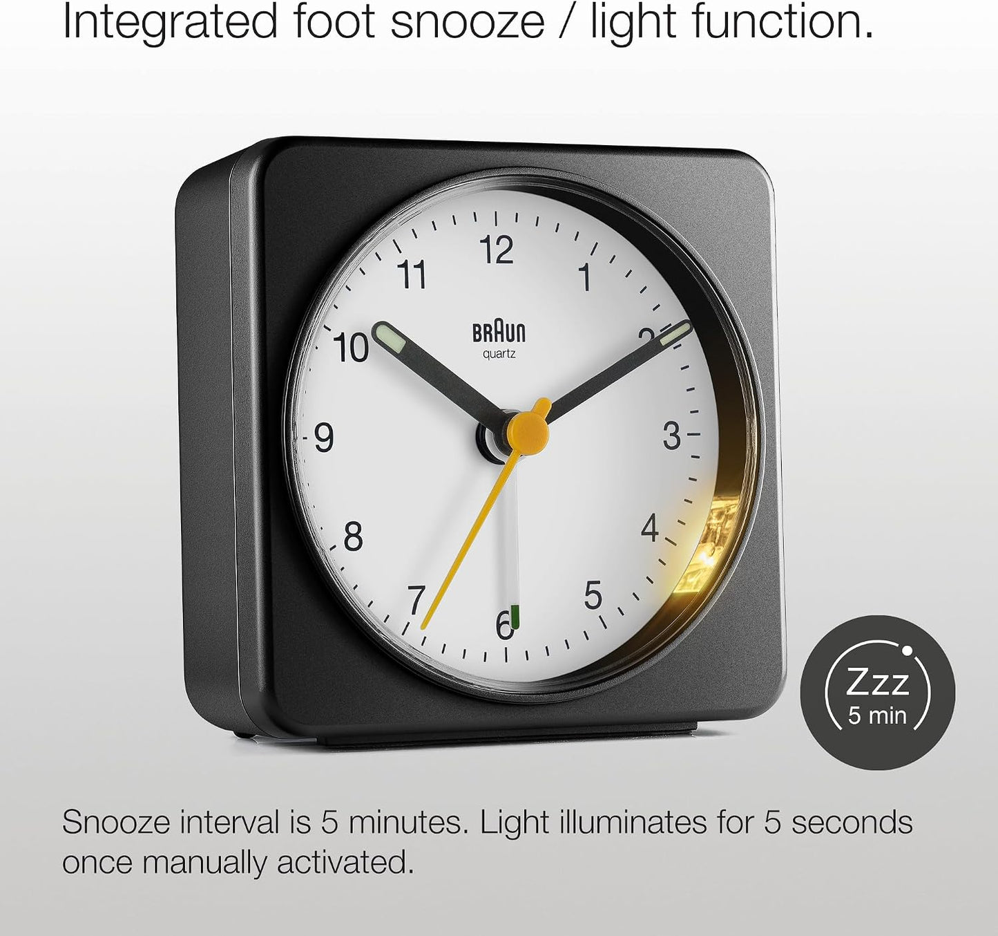Braun Classic Analogue Alarm Clock with Snooze and Light, Quiet Quartz Sweeping Movement, Crescendo Beep Alarm in White, Model BC03W.