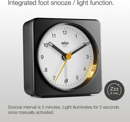 Braun Classic Analogue Alarm Clock with Snooze and Light, Quiet Quartz Sweeping Movement, Crescendo Beep Alarm in White, Model BC03W.