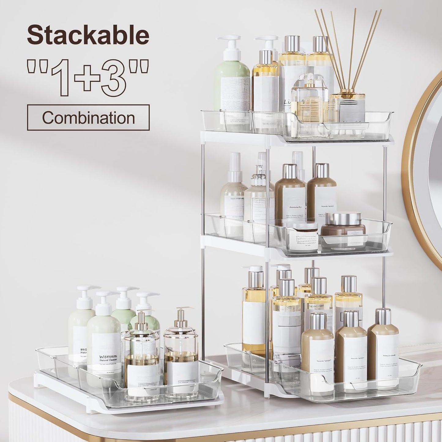 Delamu 2-Tier Multi-Purpose Bathroom Under Sink Organizers and Storage, Stackable Kitchen Pantry Organization, Pull Out Medicine Cabinet Organizer with Movable Dividers, White, 2 Pack