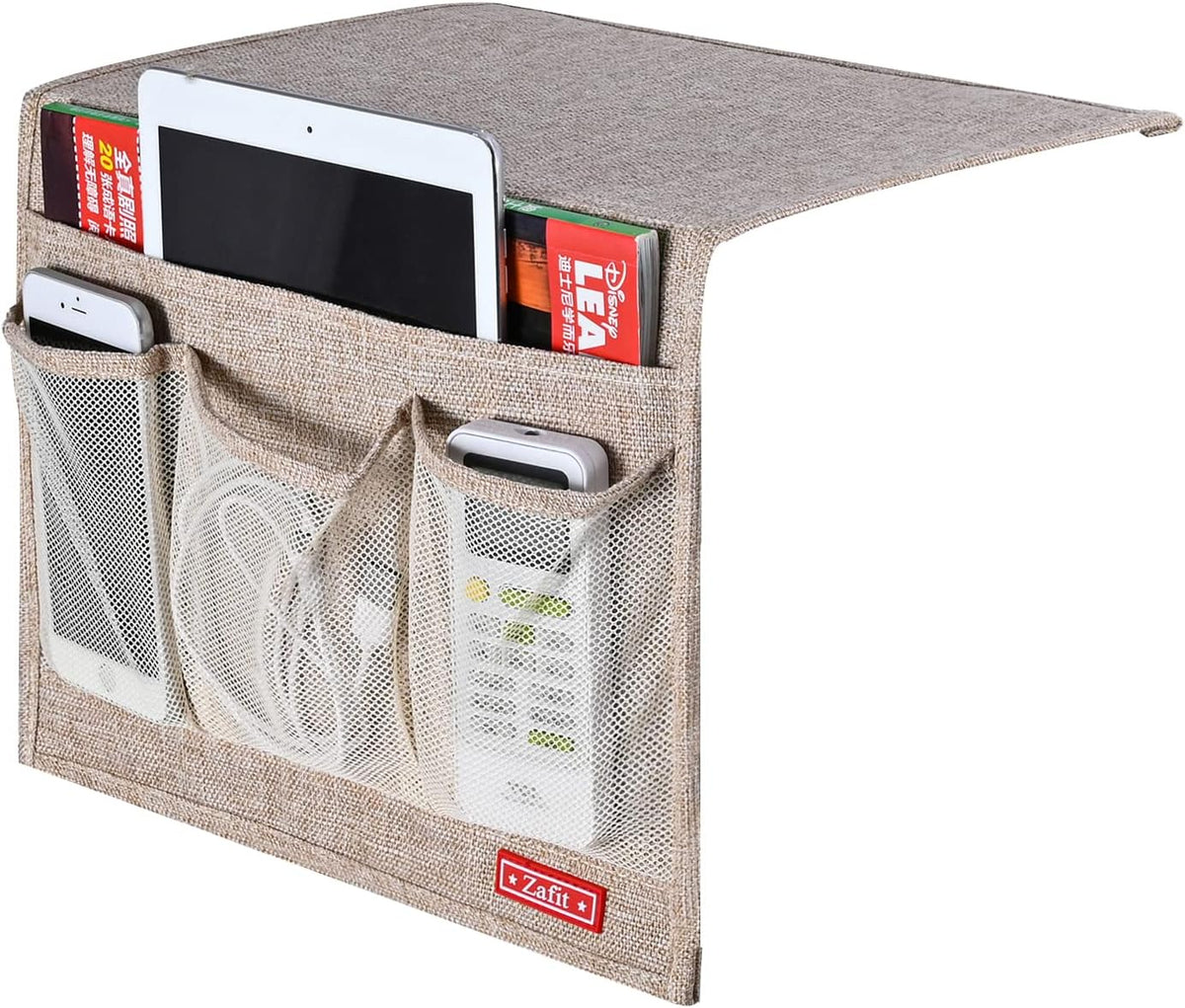 Zafit Linen 4 Pockets Bedside Caddy, Bedside Storage Organizer for Magazine, Remotes, Phone (Beige, Classic 4 Pockets)